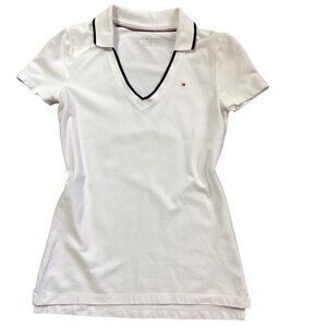 Tommy Hilfiger XS White V-Neck Collared Tennis Polo Top Retro Old Money 63i